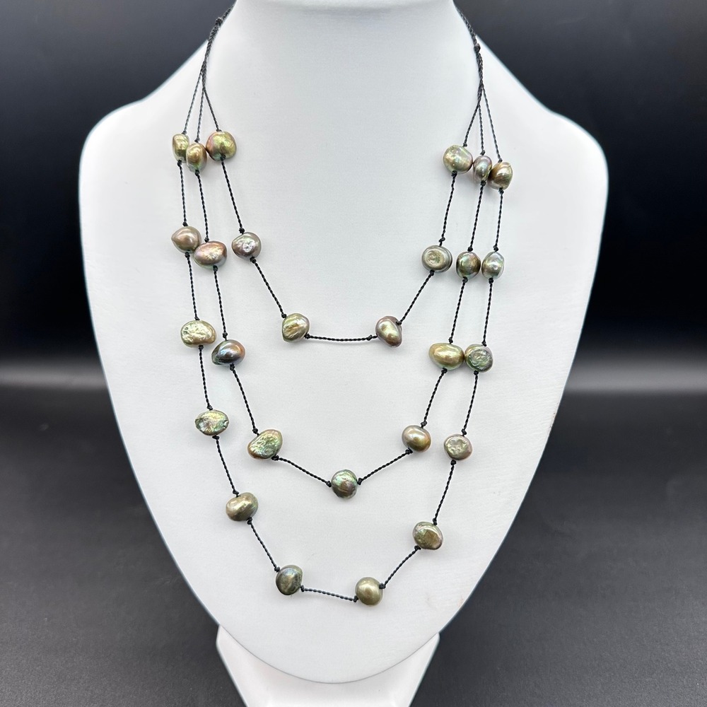 Unbranded Baroque Peacock Pearl Multi Strand Necklace Green Black Silk OS